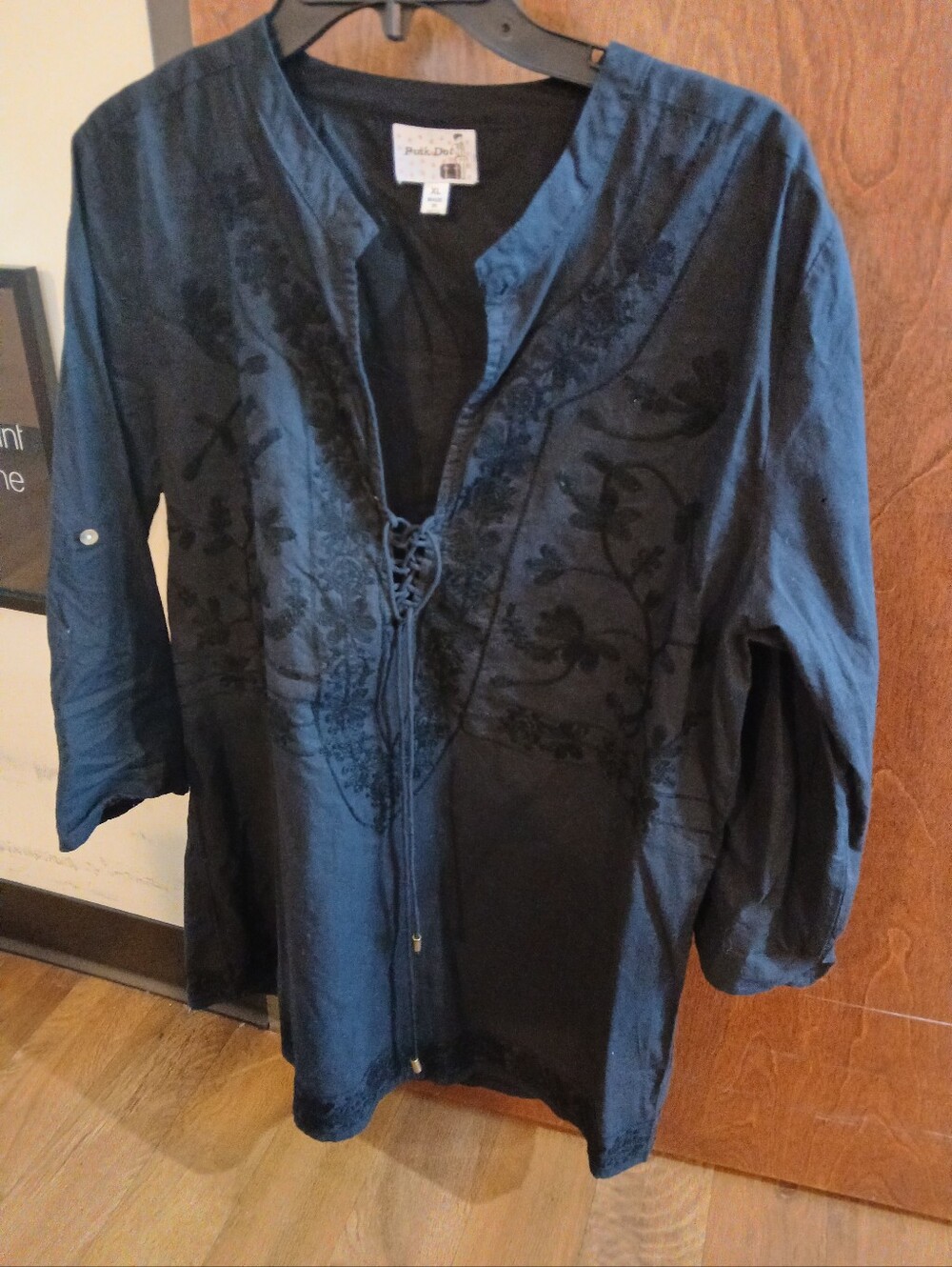 NWOT/ PINK DOT black embroidered long sleeve blouse